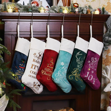 Pack of 6 Luxury Velvet Christmas Stockings, Quality Embroidered Patterned Xmas Stockings Large, Classic Christmas