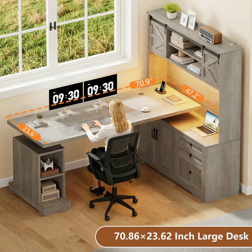 71" LED L Shaped Standing Desk with Hutch and Drawers Grey
