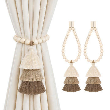 Magnetic Curtain Tiebacks, Wood Bead Curtain Holdbacks, Beige, 2 Pcs