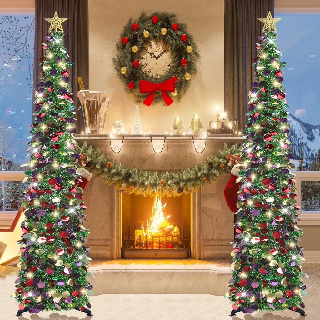 6 FT Pop Up with 100 LED Timer Lights & Remote, Green Christmas Tinsel Tree, Collapsible Artificial Pencil Tree Party