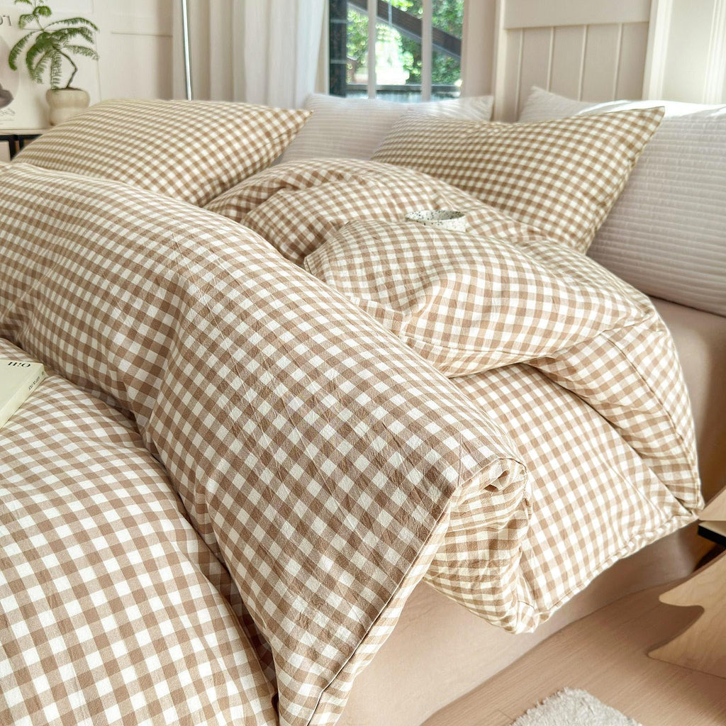 Tan Gingham Pillowcases Set Farmhouse Standard Size Pillow Shams Buffalo Taupe Plaid Pillowcases Set of 2, Grid