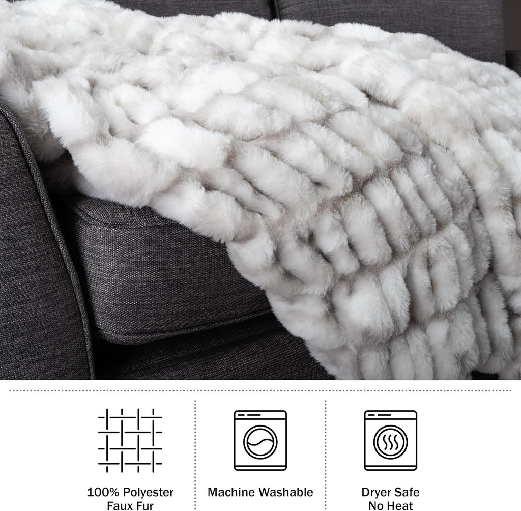 Oversized Ruched Faux Fur Blanket - 60x80-Inch Jacquard Faux Fur Queen-Size Throw for Sofas and Beds - Luxurious