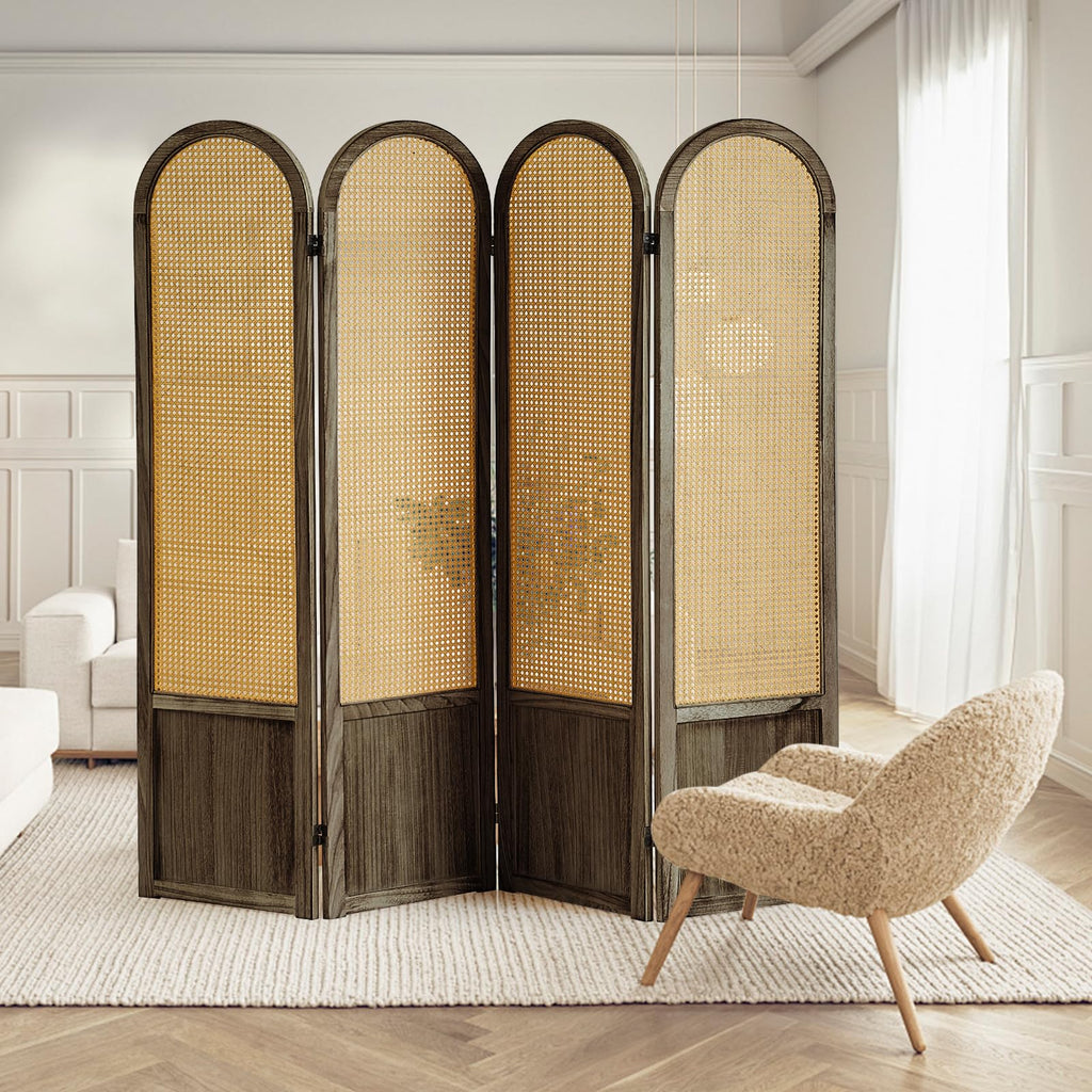 4 Panel Rattan Room Divider Screen, Boho Folding Privacy Screen