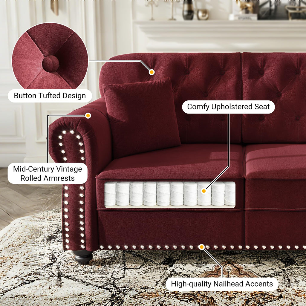 63" Velvet Chesterfield Sofa Couch with Rolled Arms & Nailhead Trim, 2-Seater Modern Upholstered Button Tufted