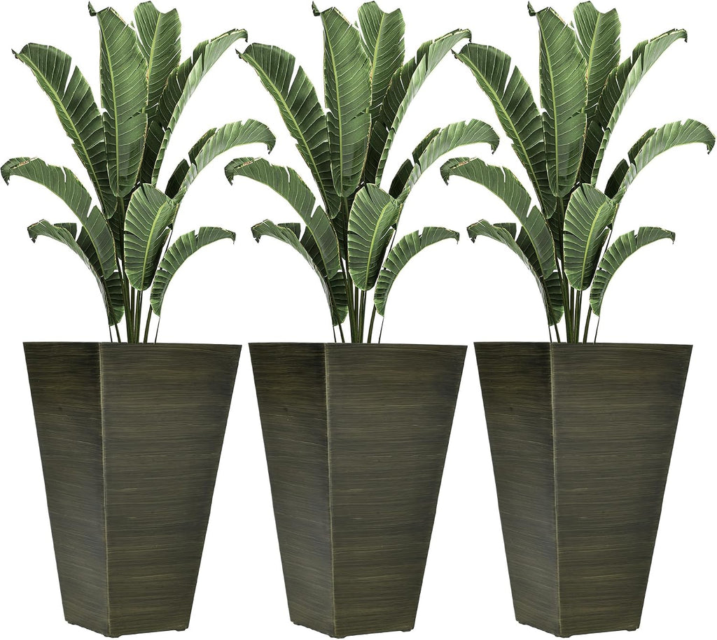 Outdoor Planters,Set of 3 Taper Planters with Drainage Holes and Plug,Faux Wood Flower Pots for