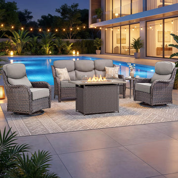 Luxury Patio Furniture Set with 6-inch Thick Cushion, Outdoor Furniture with Fire Pit Table, Swivel Chairs, Side