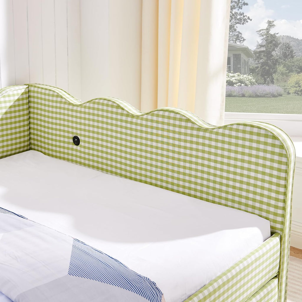 Full Size Upholstery Daybed with Trundle and USB, Full to King Design Adorable Wave Shaped Extendable Linen Sofa Bed