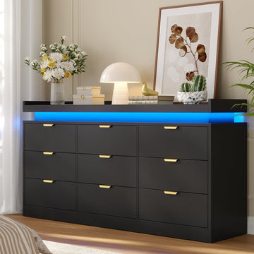 9 Drawer Dresser, Black Dresser with LED Lights and Power Outlet, Large Wooden Dressers Modern Chest of Drawers