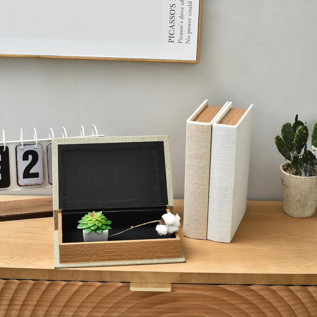 Modern Linen and Wood Decorative Faux Book Boxes Set of 3,10", Taupe,Beige,Off White