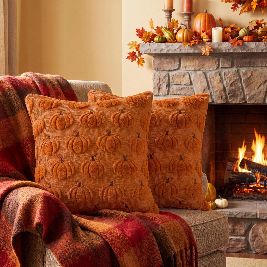 Fall Throw Pillow Covers 18x18 Set of 2 Rust Orange Pumpkin Decor