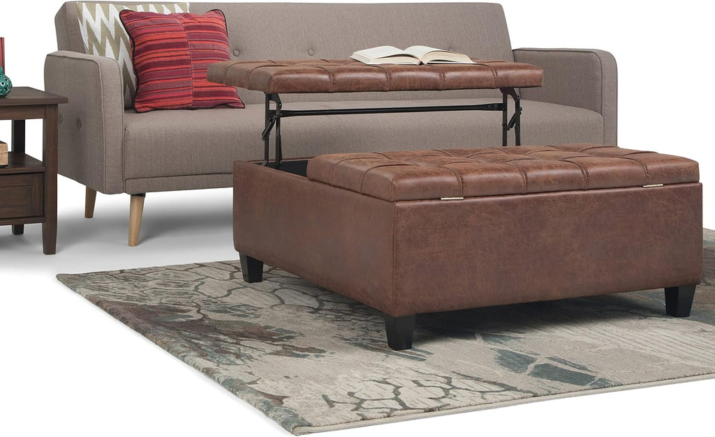 Harrison 36" Wide Vegan Leather Lift Top Ottoman in Saddle Brown | Distressed saddle brown, transitional lift-top