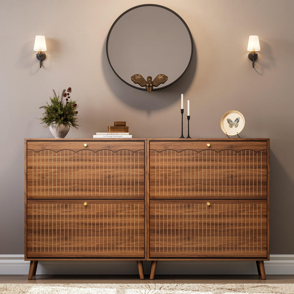 Mid-Century Modern Slim Shoe Cabinet, 9.5" Narrow Shoe Storage Cabinet with Architectural Arched Fluted Front