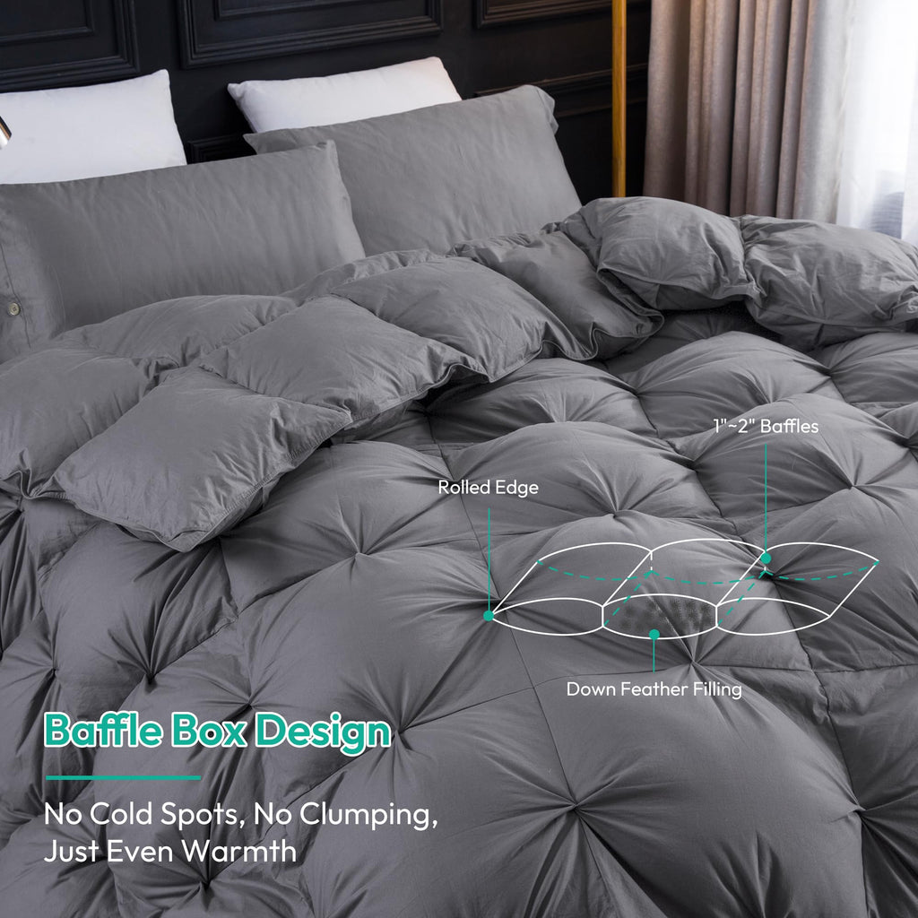 Pinch Pleat Waterfowl Feathers and Down Comforter King Size Duvet Insert, 750+ Fill Power, 100% Cotton, Premium