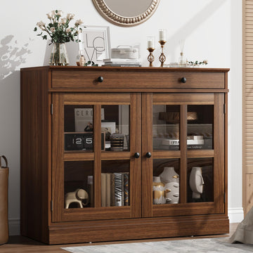 Modern 35.4" Sideboard Buffet Cabinet with Glass Door, Walnut