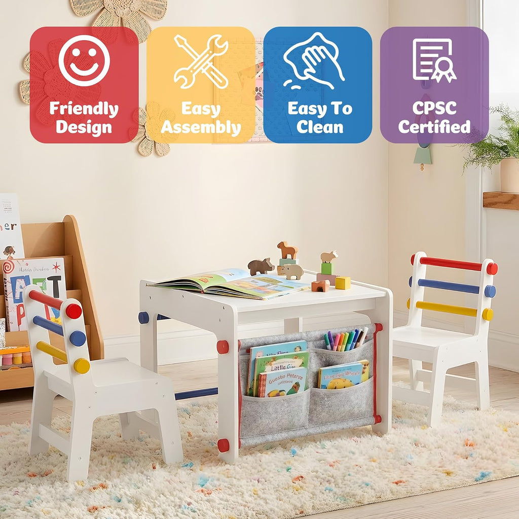 Wooden Kids Table & Chair, Graffiti Desktop & Storage, Multicolor