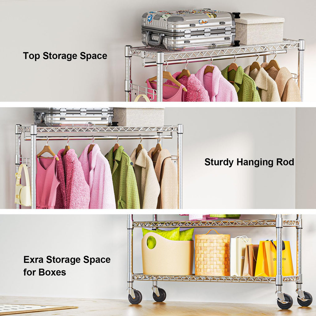 Heavy Duty Rolling Garment Rack 3 Tiers Adjustable Wire Shelving Clothes Rack with 1 Rods and Side Hooks,Storage