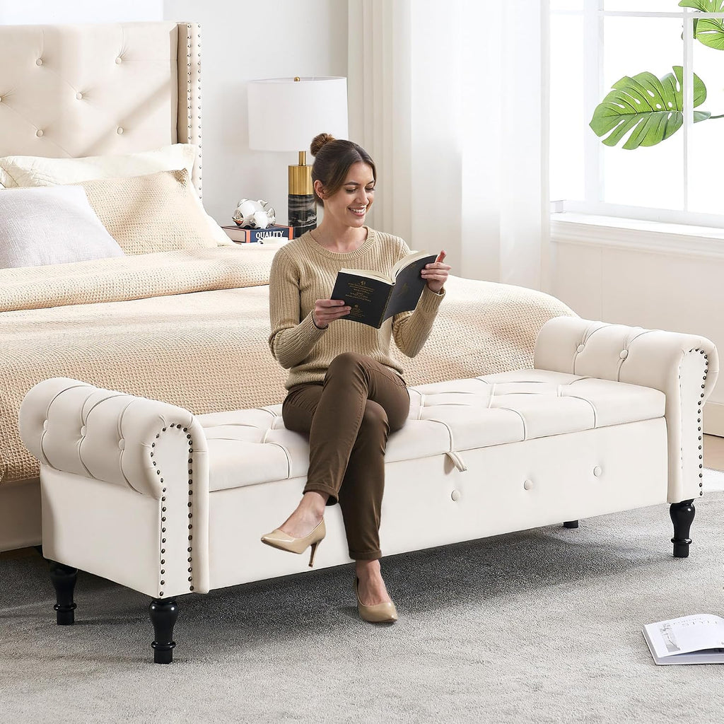 Storage Bench 67" Velvet End of Bed Benches Cream Beige | King Size Storage Bench with Rolled Arms Tufted Ottoman