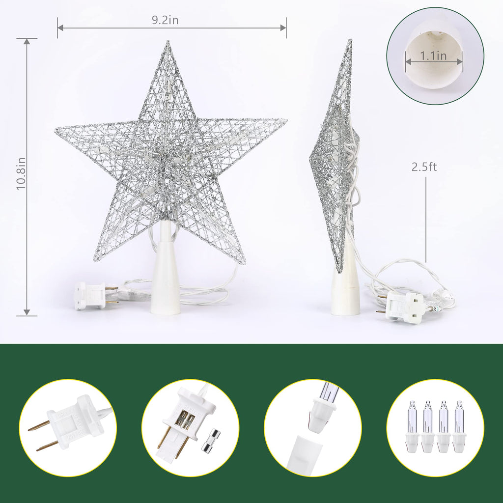 Silver Christmas Tree Topper, 9" Xmas Tree Star with 10 Lights