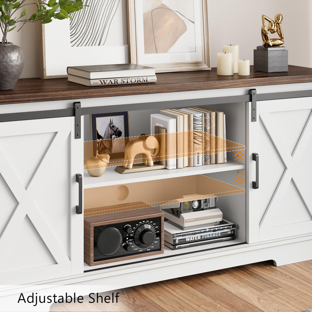 Farmhouse Tv Stand for 65 inch TVs, Entertainment Center with Sliding Barn Doors and Adjustable Shelf, Modern Storage