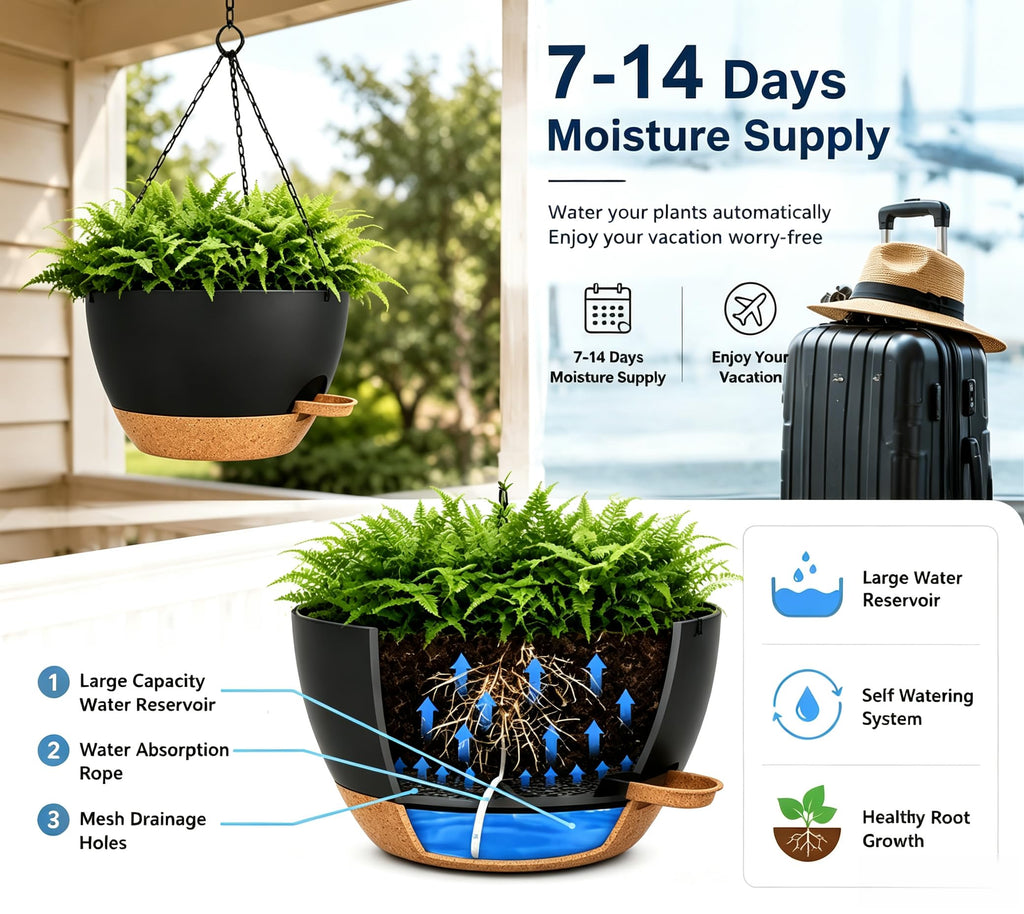 12" Self Watering Hanging Planters with Chains, Black Brown, 2 Pack