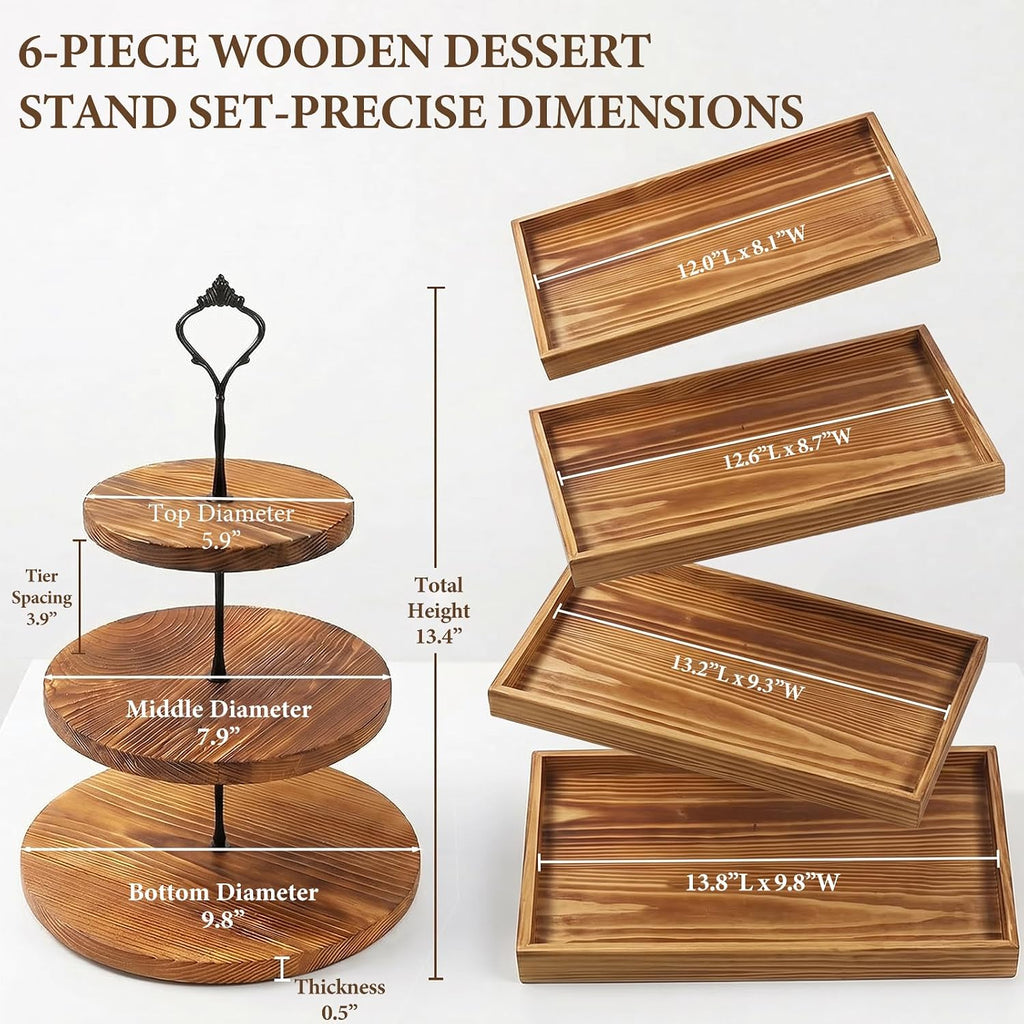 Wooden Dessert Table Display Set, 3 Tier Cupcake Stand Set with Serving Trays, Rustic Dessert Display Stand - Set of 6