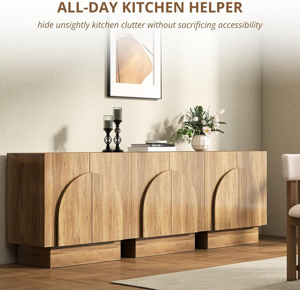 Natural Sideboard Buffet Cabinets with Storage, Modern Coffee Bar Cabinets Credenza with Arched Doors, Farmhouse