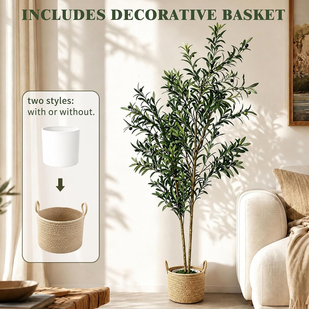 6FT Artificial Olive Tree Indoor, Lifelike Faux Tree with Cotton Basket