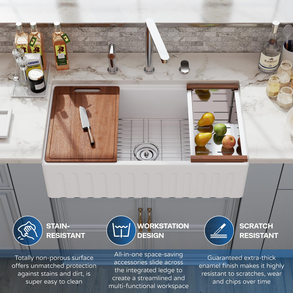 30 White Farmhouse Sink Reversible Workstation, Undermount Farm Kitchen Sink 30x20 inch Apron Front White Porcelain