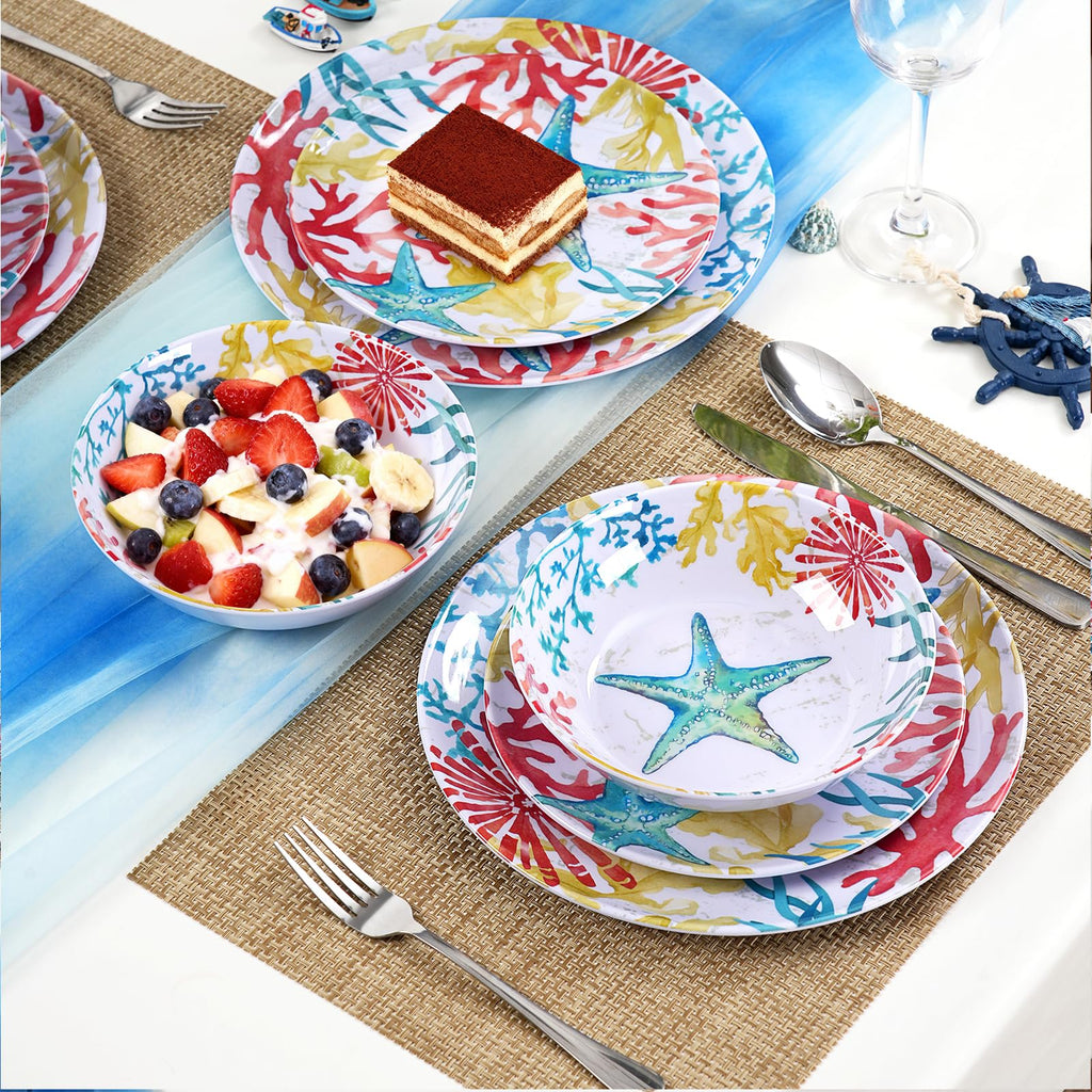 Melamine Dinnerware Set for 4 - 12-Piece Starfish Coral Design Plates and Bowls, Ocean Dishes set, Unbreakable Dinner
