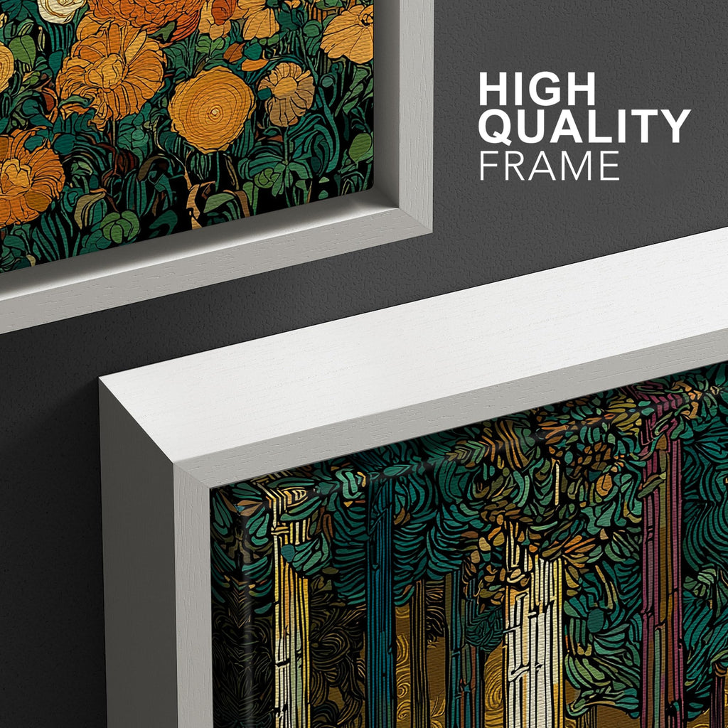 Framed Print Wall Art Set Klimt Style Sunlit Forest Vibrant Green and Gold Floral WoodlandDecorative Minimal