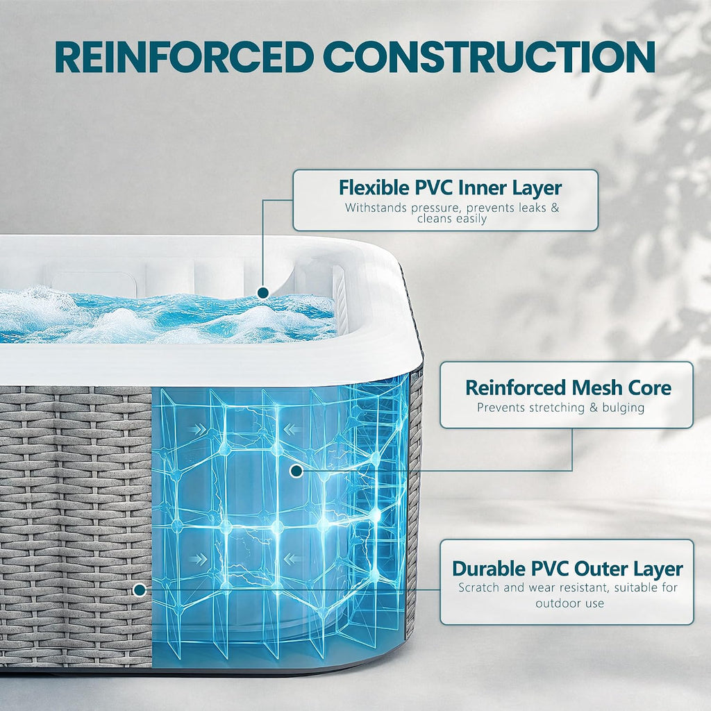 Inflatable Hot Tub for 4-6 Person, Outdoor Hot Tub with 130 Airjets | Portable Filtered Spa with Continuous Heating
