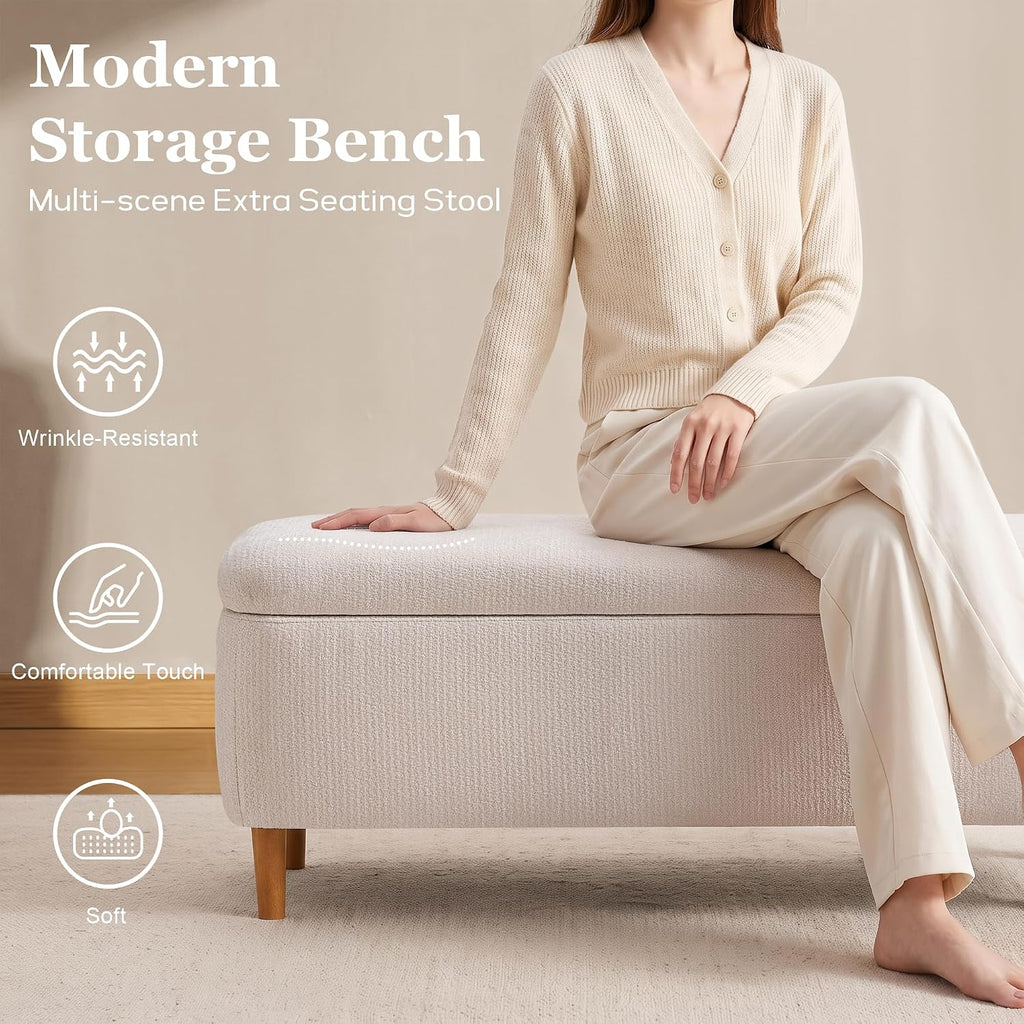 Storage Bench Ottoman, Upholstered End of Bed Bench with Storage | Rectangular Fabric Entryway Ottomans with Storage