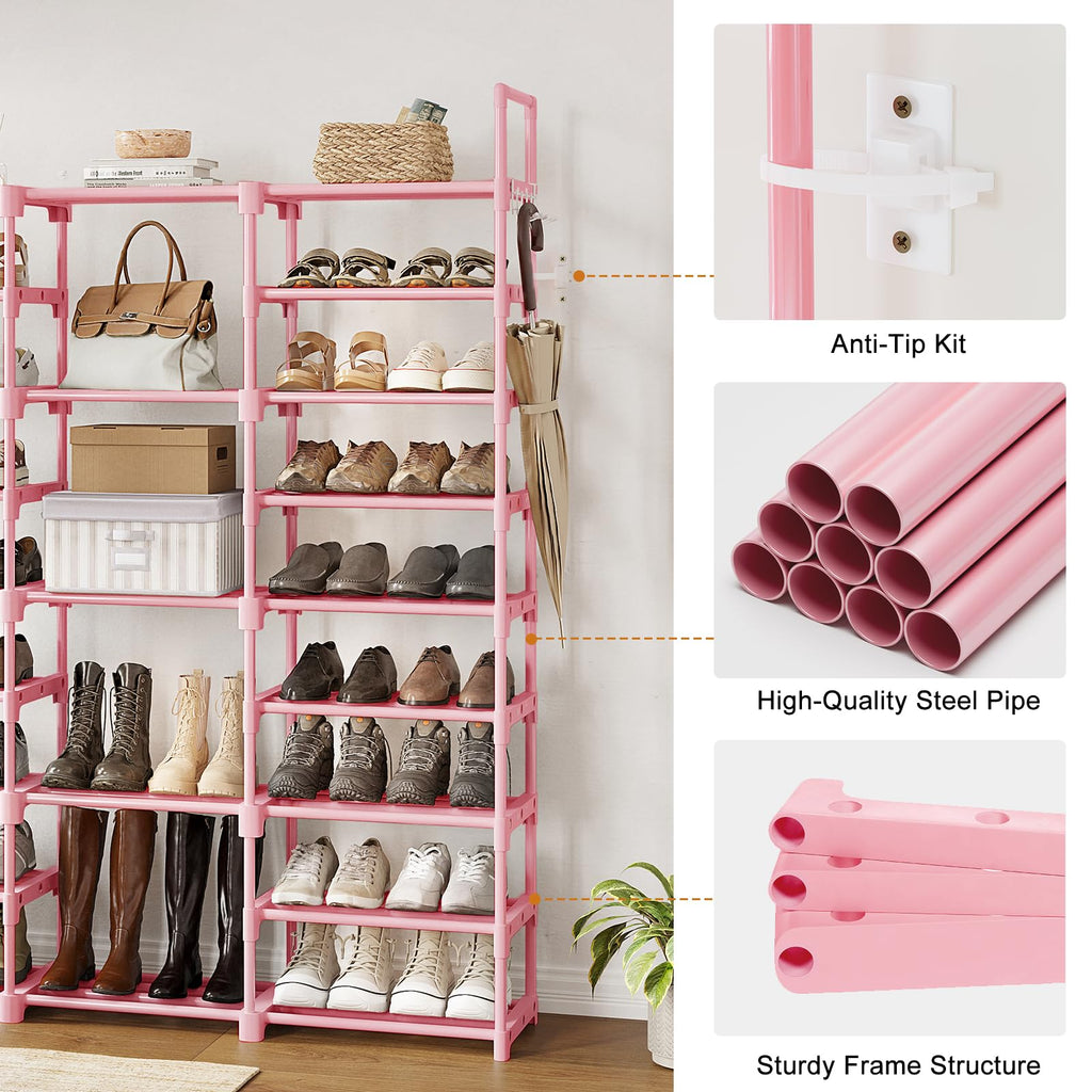 9 Tier 3-Column Shoe Rack, 50-55 Pairs Stackable Pink