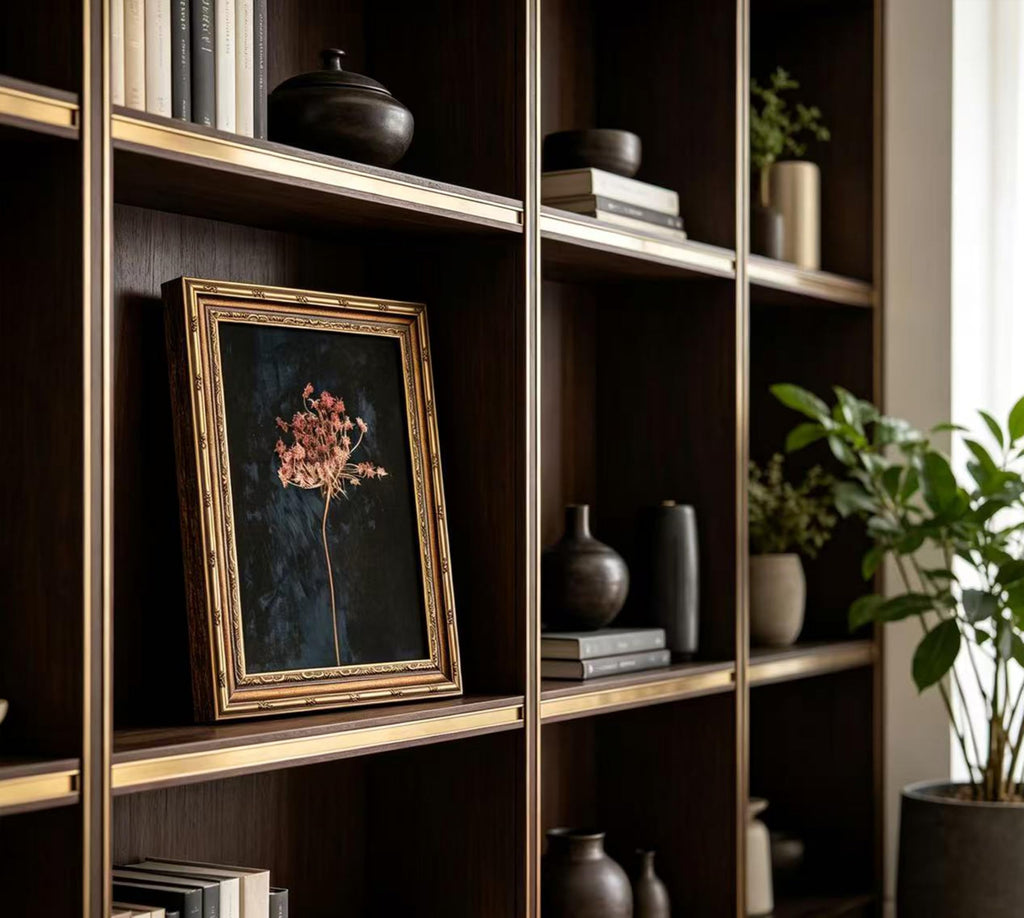 Vintage Gold Framed Wall Art, Retro Moody Dried Flower Wall Art, Dark Botanical Still Life Painting Canvas Print