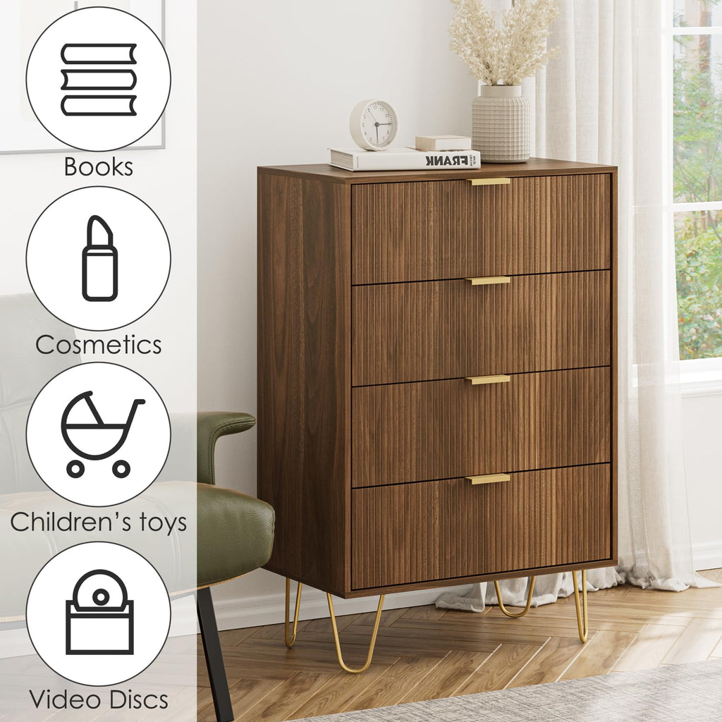 4 Drawer, Drawer Chest, Tall Storage Chest Cabinet Organizer Unit with Gold Metal Legs, Nightstand, Closet, Hallway
