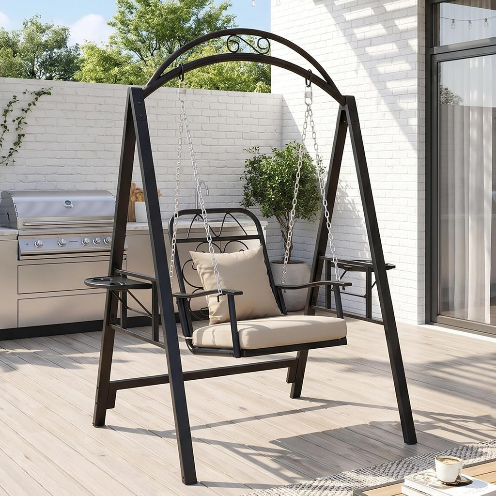 Metal Porch Swing with Stand, 350 LBS Outdoor Patio Porch Swing | Single Outdoor Patio Swing Chair with Heavy-Duty