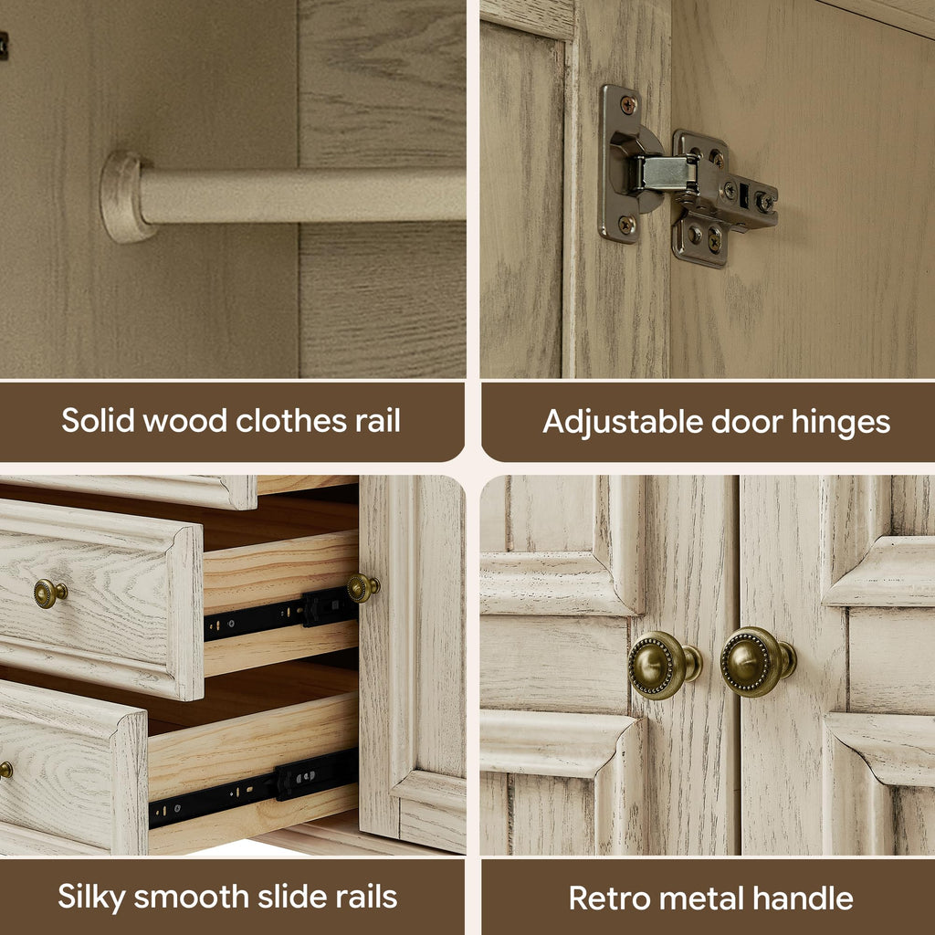 4 Door Solid Wood Armoire Wardrobe Closet with Drawers, White