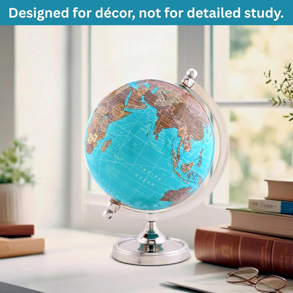 Earth Light Blue Rotating Globe of The World with Silver Stand (NOT PLASTIC!) for Bookcase Shelf Decorative Home Desk