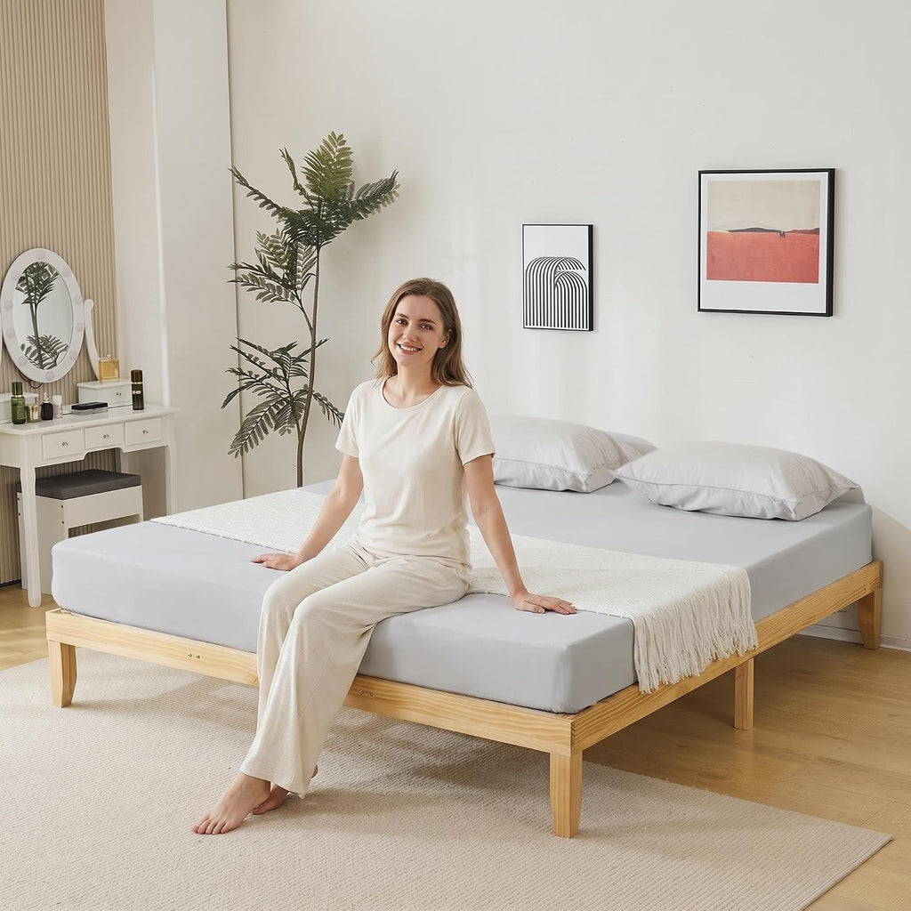 King Size Japanese Natural Pine Wood Bed Frame, Mid-Century 12 inch H Low Platform Beds, 8.5 inch Under Bed Storage