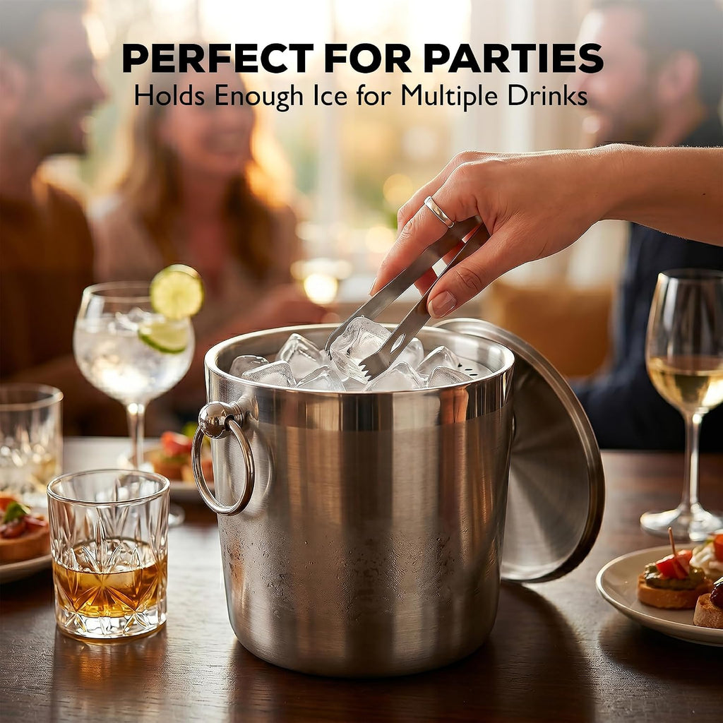 Insulated Ice Bucket With Lid, Tongs & Strainer - 3 Liter Premium Stainless Steel Ice Bucket for Cocktail Bar, Keeps