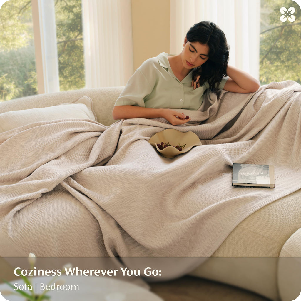 PureWoven 100% Organic Cotton Waffle Bed Blanket, Warm Beige