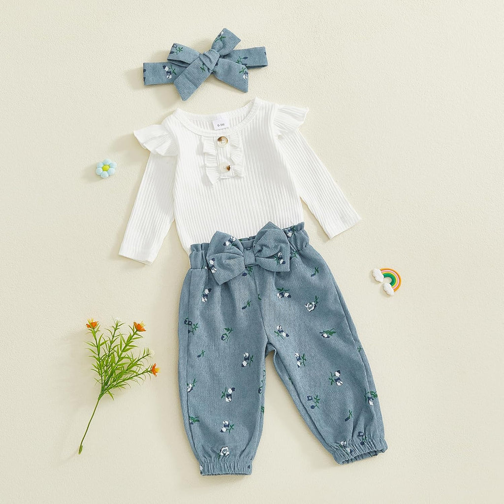 Baby Girl 3pcs Outfit Set Ribbed Bodysuit Floral Bow Jogger Pants