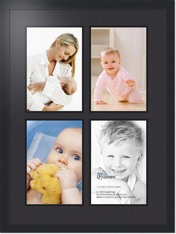 Collage Photo Frame Double Mat with 4-8x12 Openings with Satin Black Frame and Black mat.