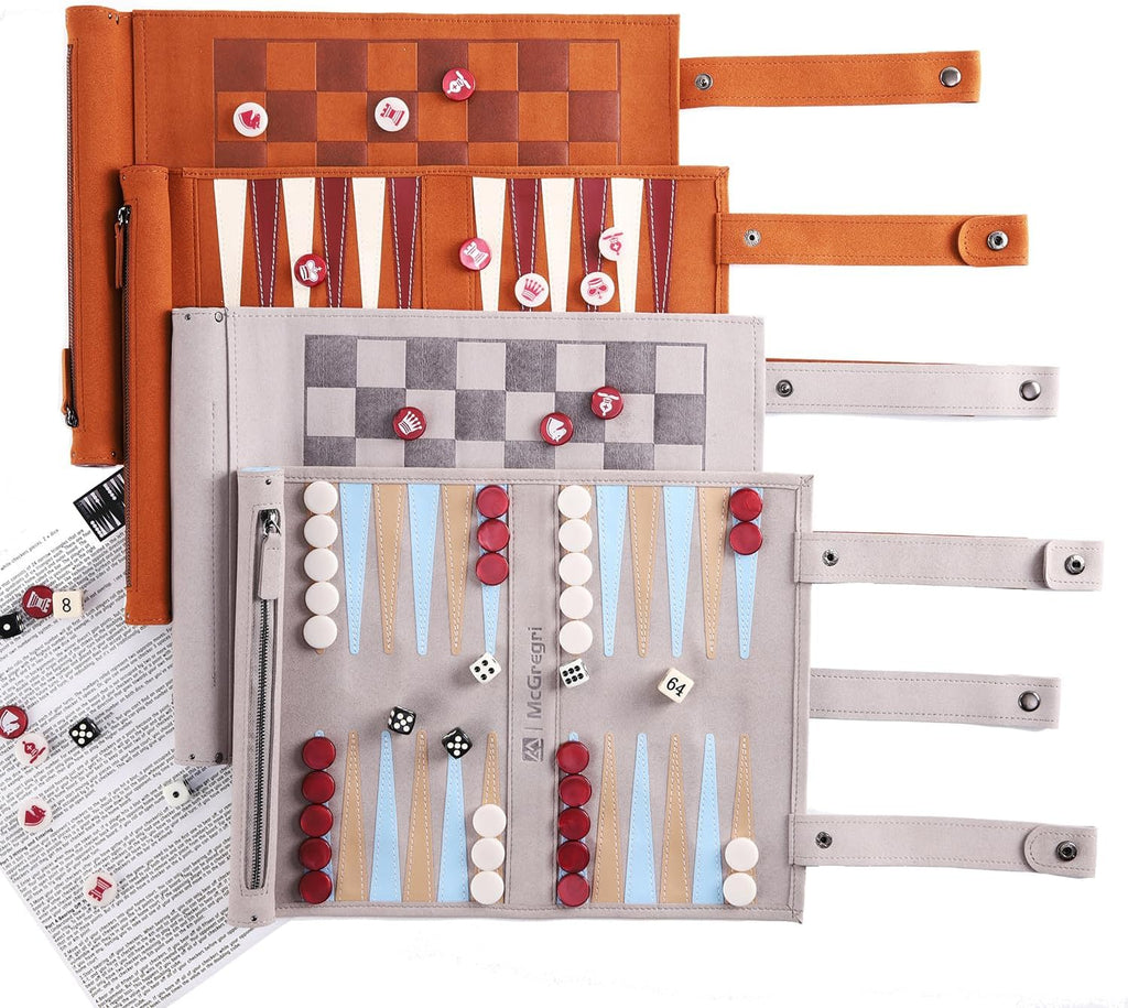 Travel Backgammon Set with Chess & Checkers, Roll-Up Board Game - Set of 3