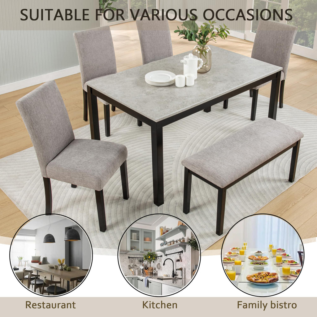 6-Piece Dining Table Set with Bench, Solid Wood Kitchen Table & 4 Upholstered Chairs, Concrete-Effect Tabletop, Modern