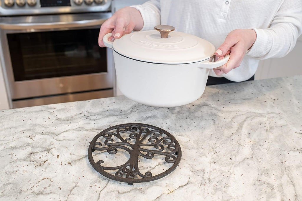 Cast Iron Trivet for Hot Dishes, Pots, and Pans, Metal Trivet, Tree of Life Design, Rubber Feet Caps, Ring Hanger, 8