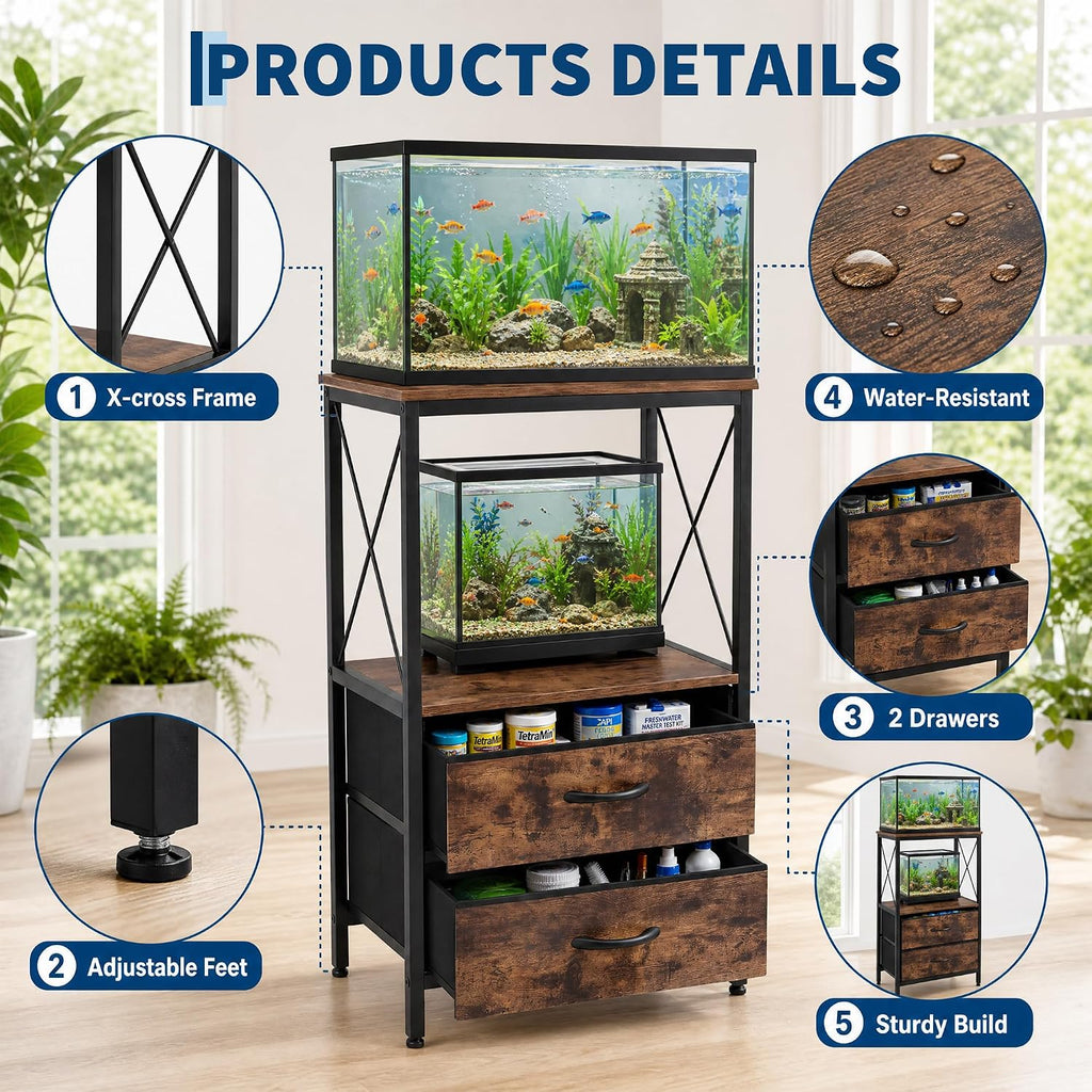 Aquarium Stand 5-10 Gallon with 2-Tier Shelf, Fish Tanks Stand with 2 Drawers, Metal Frame Heavy Duty Reptile/Turtle