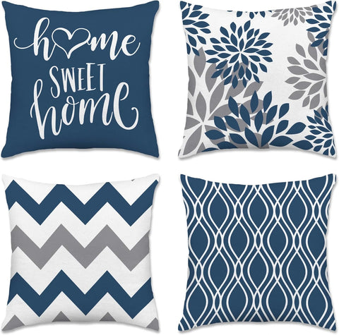 Geometric Blue Pillow Covers 18x18 Set of 4, Decorative Outdoor Boho Modern Throw Pillow Covers, Home Sweet Home