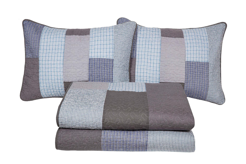 Sora 3-Piece Plaid Checkered Grid Patchwork Stripe Quilt Set - Soft Lightweight 100% Washed Cotton Bedspread for All