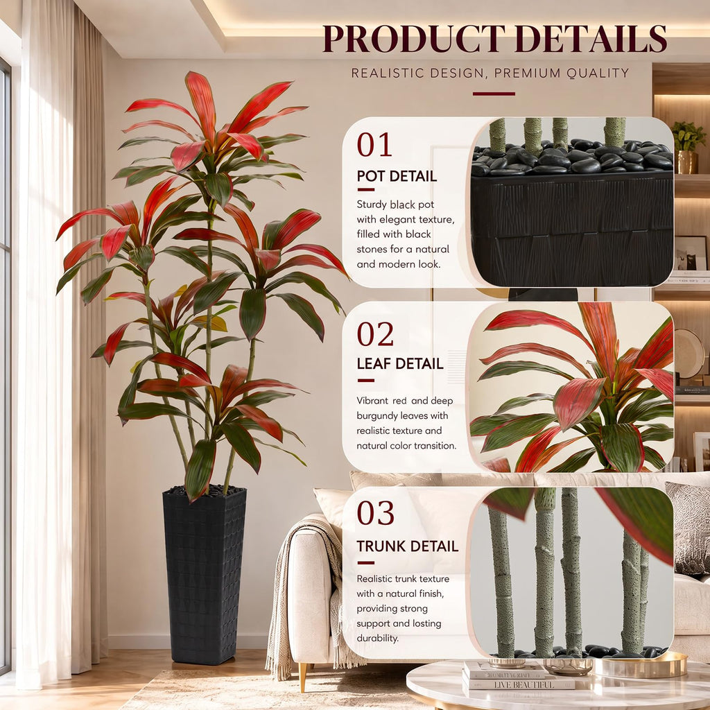 Artificial Red Dracaena Tree 7FT / Black Planter, Faux Plants Indoor